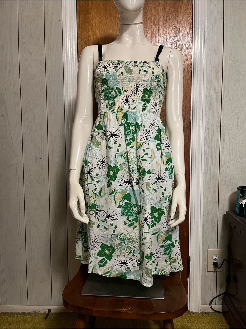 Green Floral Midi Dress with Black Waistband